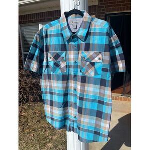 Miskeen Originals Men's Button Up Shirt Size 2XL Blue Plaid Cotton Short Sleeve